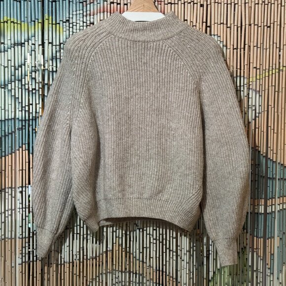 H&M Mock Neck Ribbed Knit Sweater, Heathered Oatmeal, Small - Picture 1 of 14